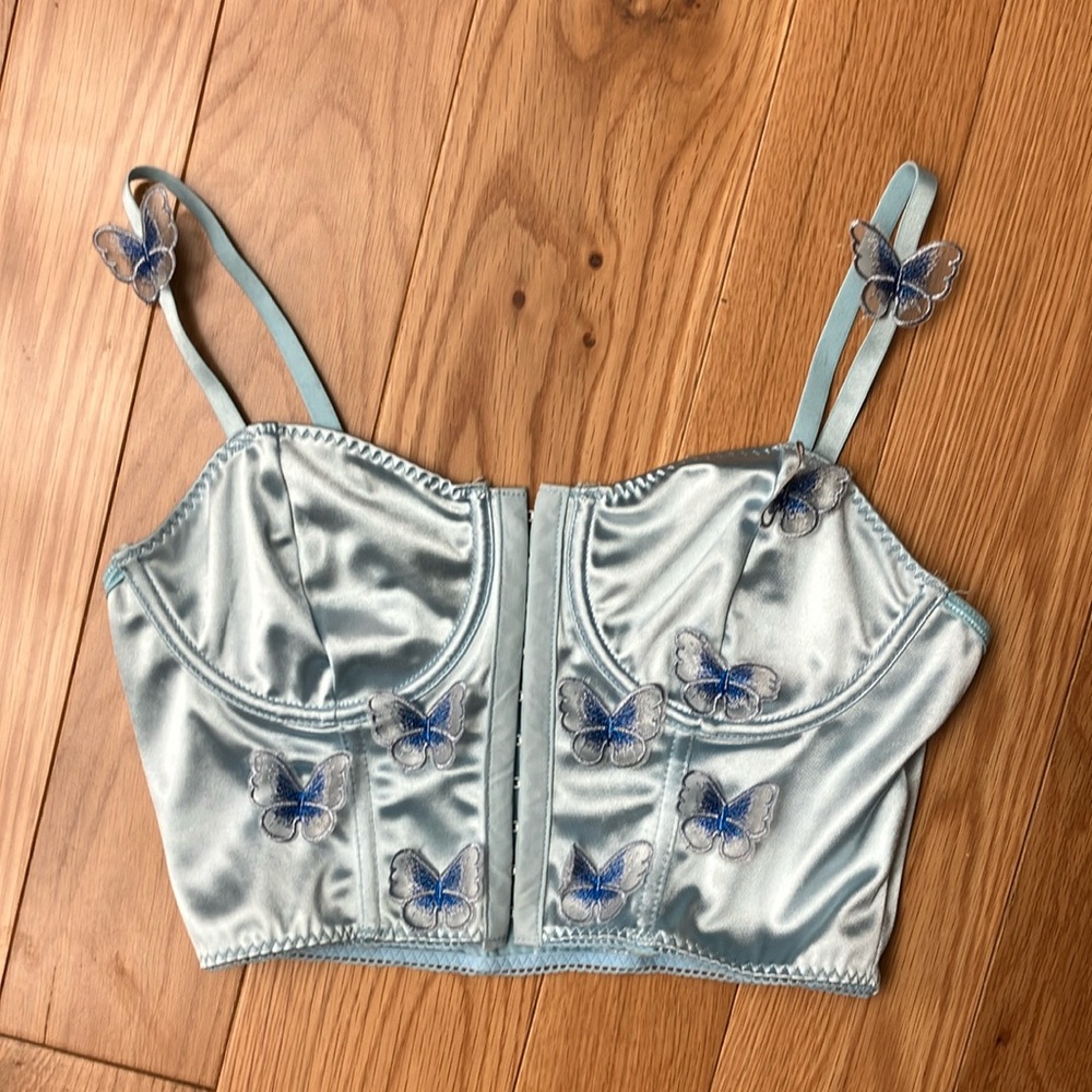 Satin Butterfly Appliqué Longline Bralette in Light Blue